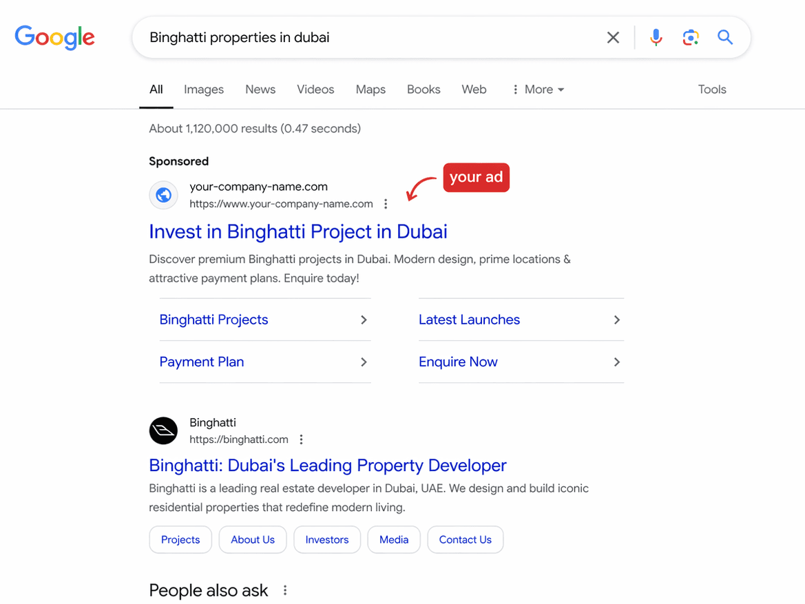 Mockup of Google search results for 'Binghatti properties in dubai' with a sponsored broker ad highlighted at the top above the developer's organic listing