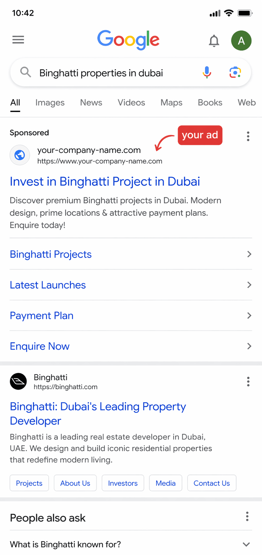 Mobile Google search results showing a Dubai property advertisement at the top